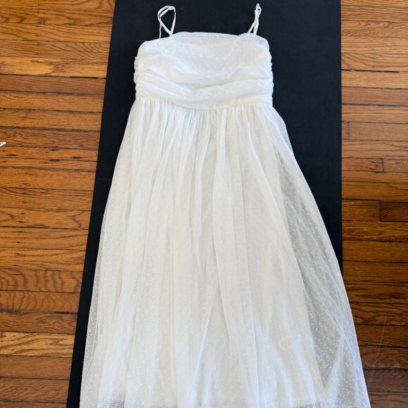 Lulus Darling Sweetheart White Swiss Dot Ruched Midi Dress - Size S - Picture 5 of 5